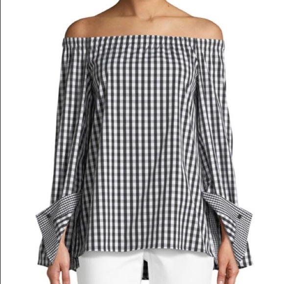 Lafayette 148 New York Tops - LAFAYETTE 148 Amy Off-the-Shoulder black and white check plaid top
